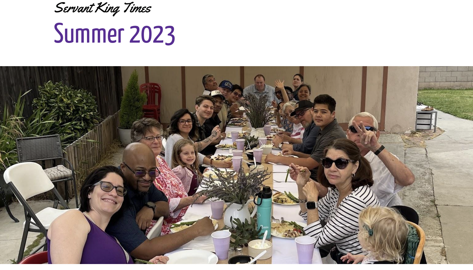 screenshot of newsletter showing Easter luncheon with guests at the table